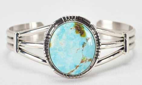 Native American Sterling Silver Cerillos Turquoise Cuff Bracelet