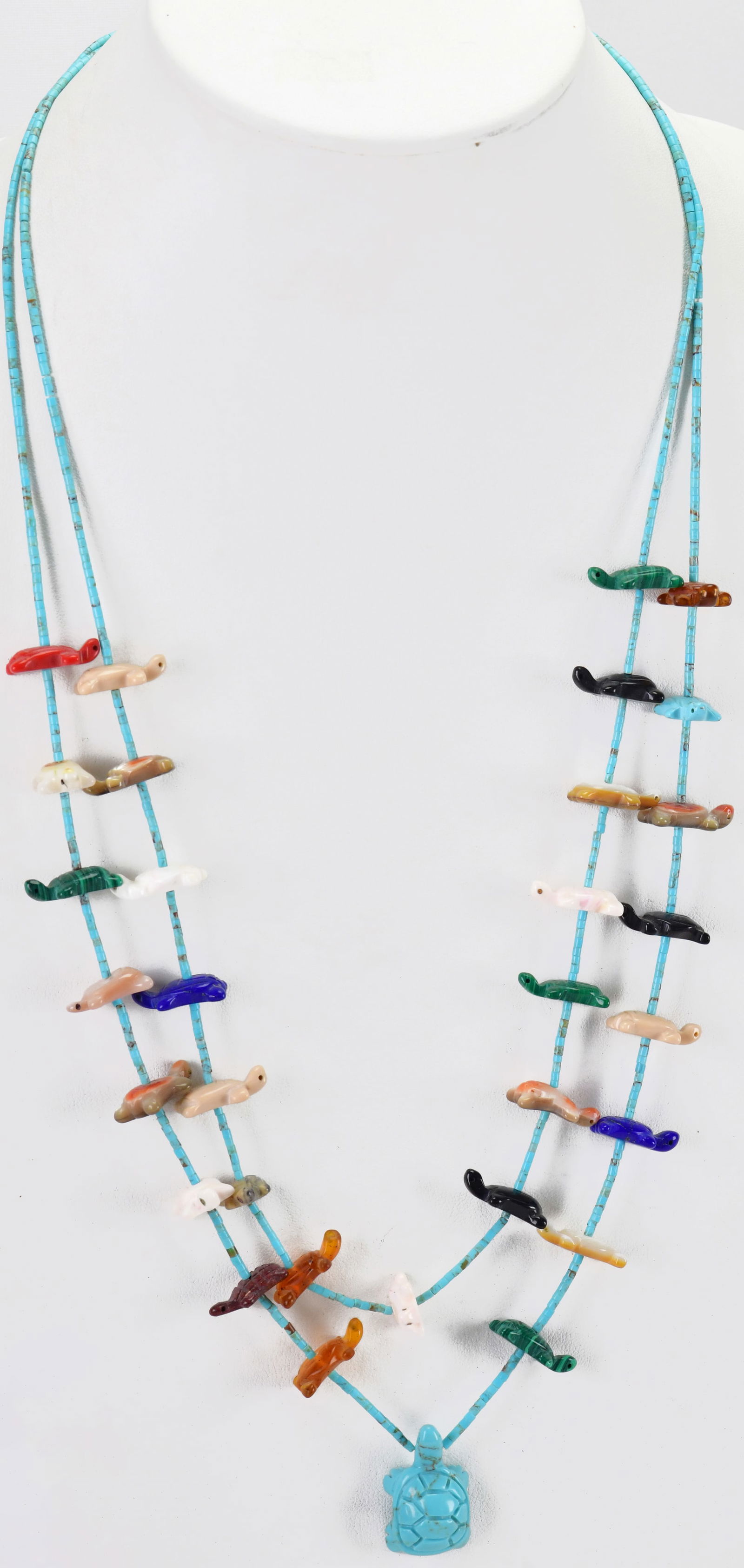 Native American Sterling Double Strand Multi-Stone Fetish Necklace w/Turtle (1 of 3)