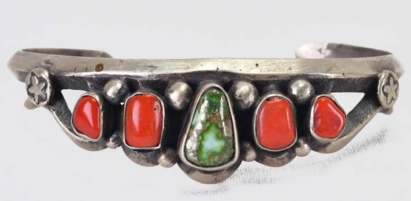 Chimney Butte Sterling Sand Cast Sonoran Gold Turquoise & Coral Cuff (1 of 5)