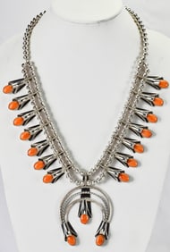 Louise Yazzie Sterling Spiny Oyster Squash Blossom Necklace Set