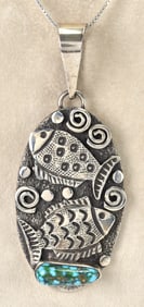 New Style -Alex Sanchez Sterling Silver Petroglyph Pendant w/Spiderweb Turquoise