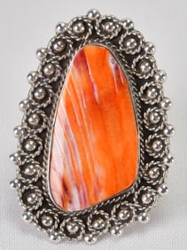 Native American Sterling Spiny Oyster Ring w/Ornate Frame