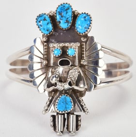 Doris Smallcanyon Sterling Silver Kingman Turquoise Kachina Cuff