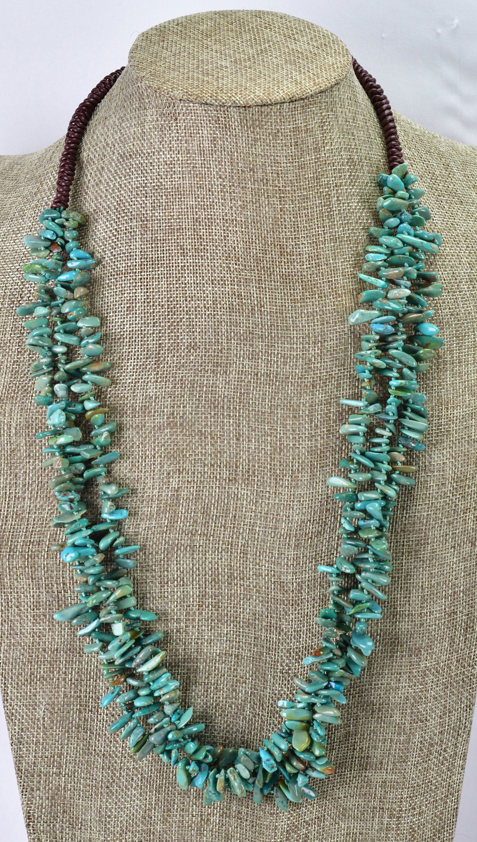 Native American Kingman 3 Strand Nugget Necklace w/Wrapped Neckline: Native American Kingman3 Strand Nugget Necklace w/Wrapped Neckline| Genuine Kingman Turquoise| Measures 3o-32" Total Length| Has hand wrapping at neckline for comfort| Nuggets range from 1/4 to 1/2"|