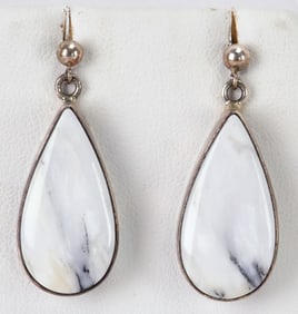 Navajo Sterling Silver White Buffalo Turquoise Polished Drop Earrings