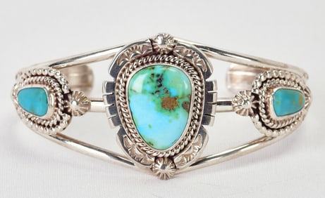 Native American Sterling Silver Carico Lake Turquoise 3 Stone Cuff