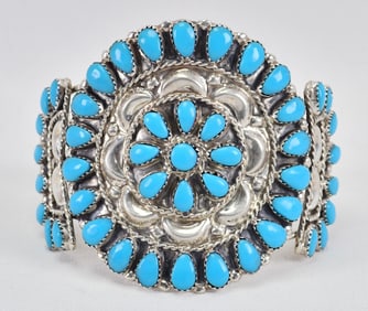 Danny Wauneka Sterling Silver Block Turquoise Repousse Cuff