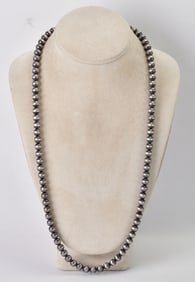 Native American Sterling Silver Bench Bead Necklace - 28"
