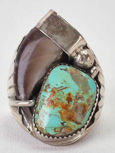 Mike Thomas, Jr. Sterling Silver Bear Claw Men's Ring w/Turquoise: Sterling Silver| Mike Thomas, Jr. Sterling Silver Bear Claw Men's Ring w/Turquoise| Genuine Turquoise| Measures 1.5" Long x 1" Wide| Signed| Weighs 32.9 Grams| Size 11| Native American, Navajo, Southw