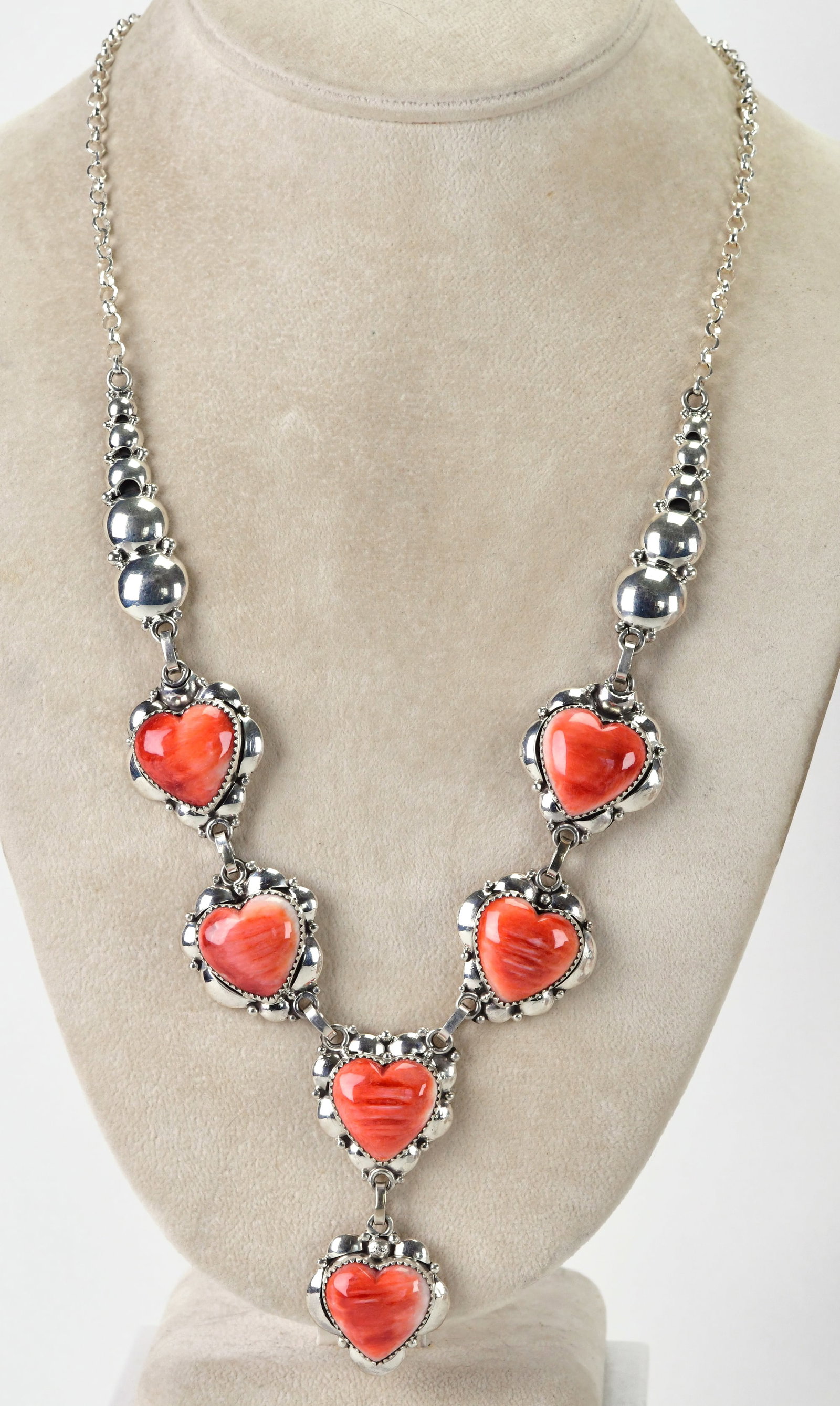 Navajo Clem Nalwood Sterling Silver Spiny Oyster Heart Necklace: Sterling Silver| Navajo Clem Nalwood, Sterling Silver Spiny Oyster Heart Necklace| Genuine Spiny Oyster| Measures 23" in length without the Pendant Drop| Pendant Drop Measures 2.5" Long x 1" Wide| 6 H