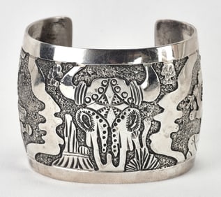 Elaine Becenti Sterling Silver Wide Story Teller Cuff Bracelet - The Skull