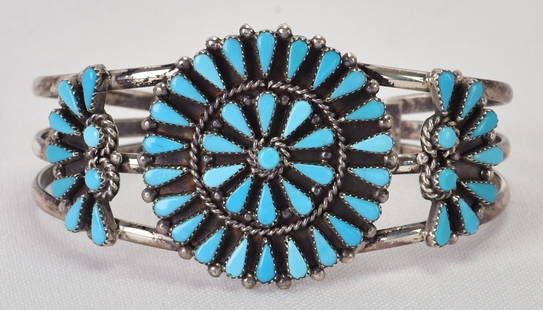 Native American, Zuni, Sleeping Beauty Petit-Point Cluster Bracelet: Sterling Silver| Native American, Zuni, Sterling Silver Sleeping Beauty Petit-Point Bracelet| Genuine Sleeping Beauty Turquoise| Inside measures 5.25" plus a gap of 1.25" - Total 6.5"|Face Width 1 3/8