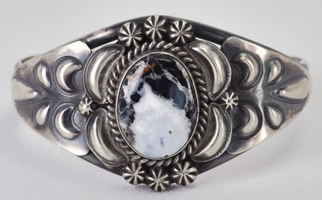 Ray Delgarito Sterling Silver White Buffalo Turquoise Repousse Cuff