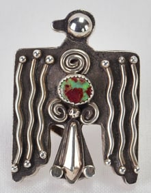 Navajo Sterling Silver Thunderbird Ring w/Royston Turquoise accent