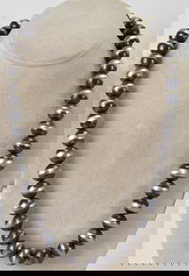 Michelle Jameson Handmade Sterling Bench Bead Navajo Pearl Necklace: Sterling Silver| Michelle Jameson Handmade Sterling Bench Bead Navajo Pearl Necklace| All Sterling| Measures 23" in Length| Each handmade Bead is approx. 14-15 mm| Unsigned| Has Large Sterling Hook Cl