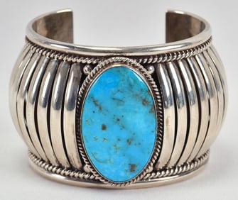 Thomas Charley Sterling Silver Wide Kingman Turquoise Ribbed Cuff