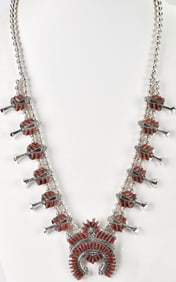 Zuni, Eva Wyaco Sterling Mediterranean Coral Small Squash Blossom Necklace Set