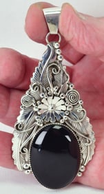 Albert Smith Sterling Large Black Onyx Pendant w/Ornate Feather Detain