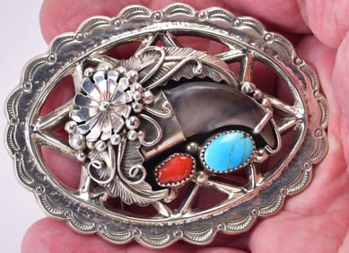 Native American Sterling Heavy Gauge Bear Claw Men's Belt Buckle