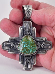 Kevin Billah Sterling Silver Sand Cast Heavy Spiderweb Turquoise Pendant