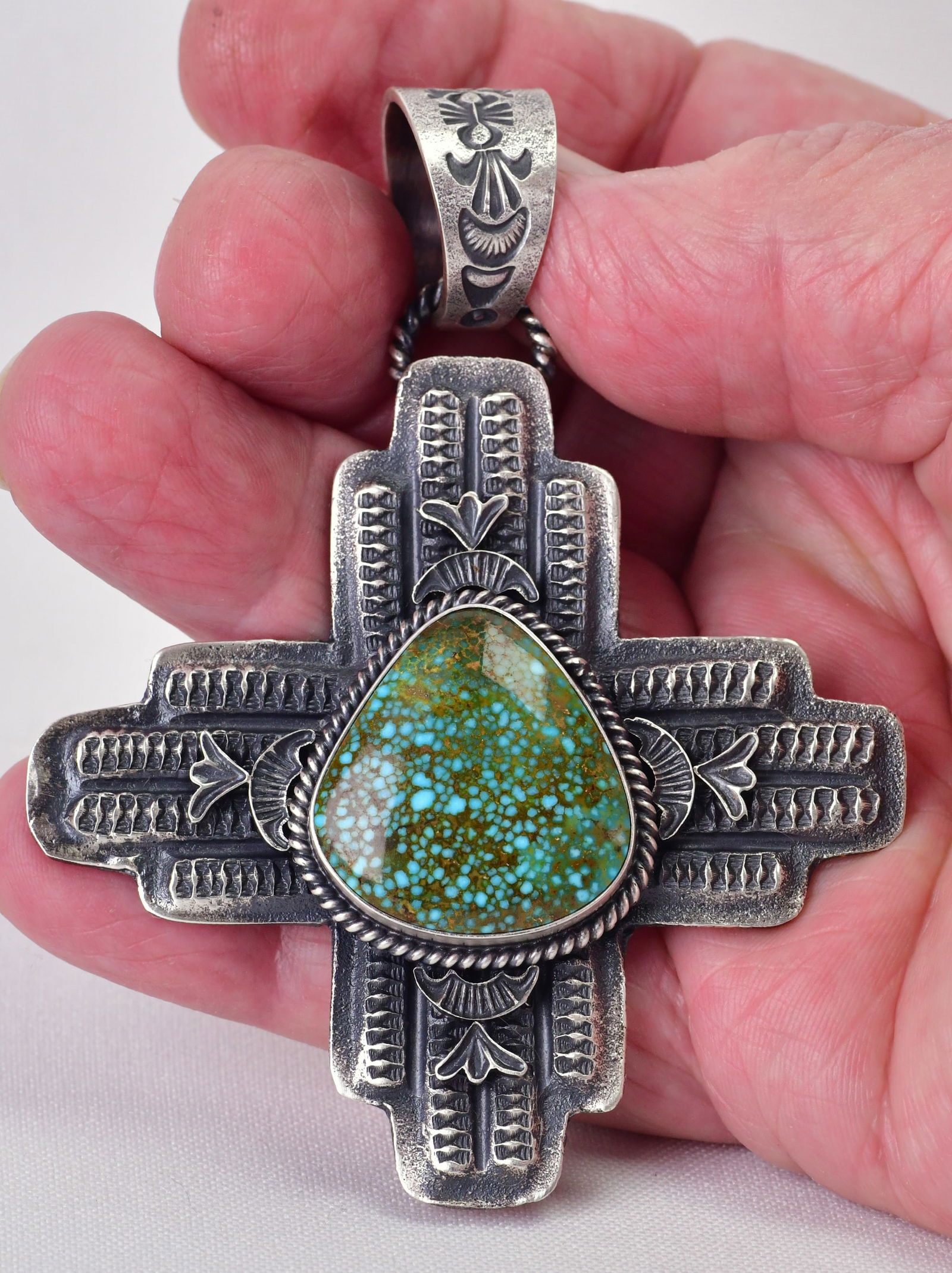 Kevin Billah Sterling Silver Sand Cast Heavy Spiderweb Turquoise Pendant (1 of 3)