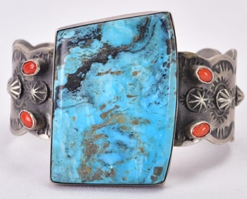 Chimney Butte Sterling Silver Lone Mountain Turquoise Cuff w/Coral accents