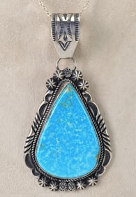 Navajo, Rick Wents Sterling Water Web Turquoise Large Pendant
