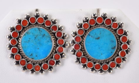 Vincent Shirley Sterling Turquoise & Coral Sunburst Earrings
