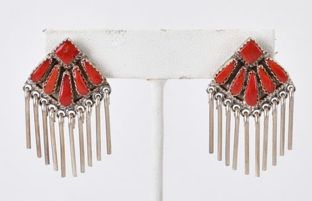 Native American Sterling Silver Mediterranean Coral Earrings w/Dangles