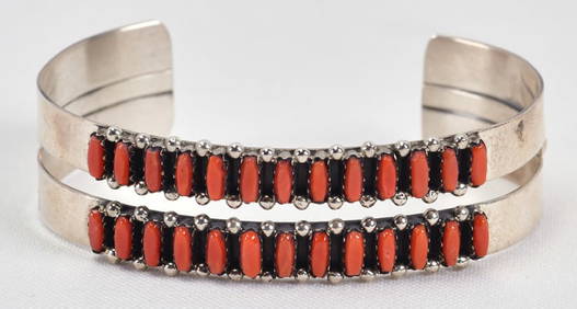 Native American, Zuni, Sterling Silver Coral Petit-Point Cuff Bracelet (1 of 4)