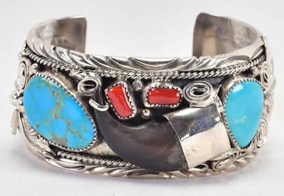 Mike Thomas Jr., Sterling Silver Bear Claw Bracelet w/Turquoise & Coral (1 of 6)