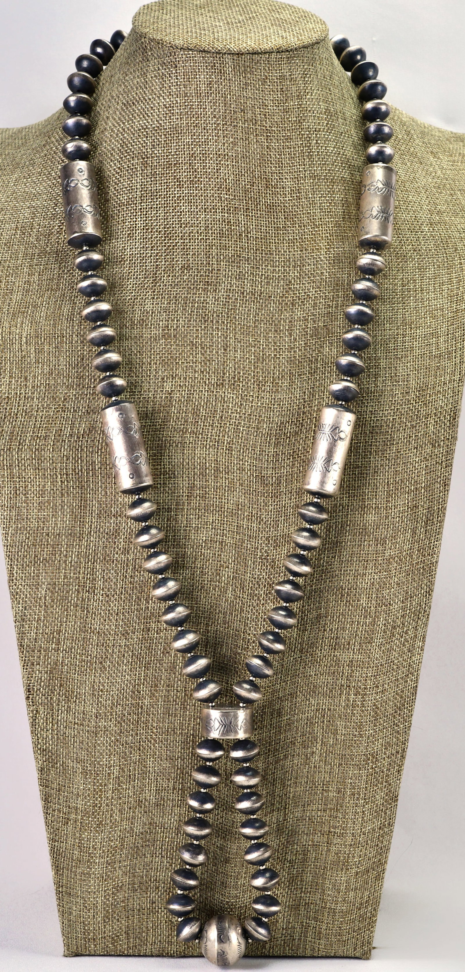 Tylena Nez Sterling Bench and Barrel Bead Long Necklace: Sterling Silver| Tylena Nez Sterling Silver Bench and Barrel Bead Jacla Long Necklace| All Sterling Silver| Extends approx. 40+ inches| Each side has Bench Beads which are approx. 15 mm in Size along 