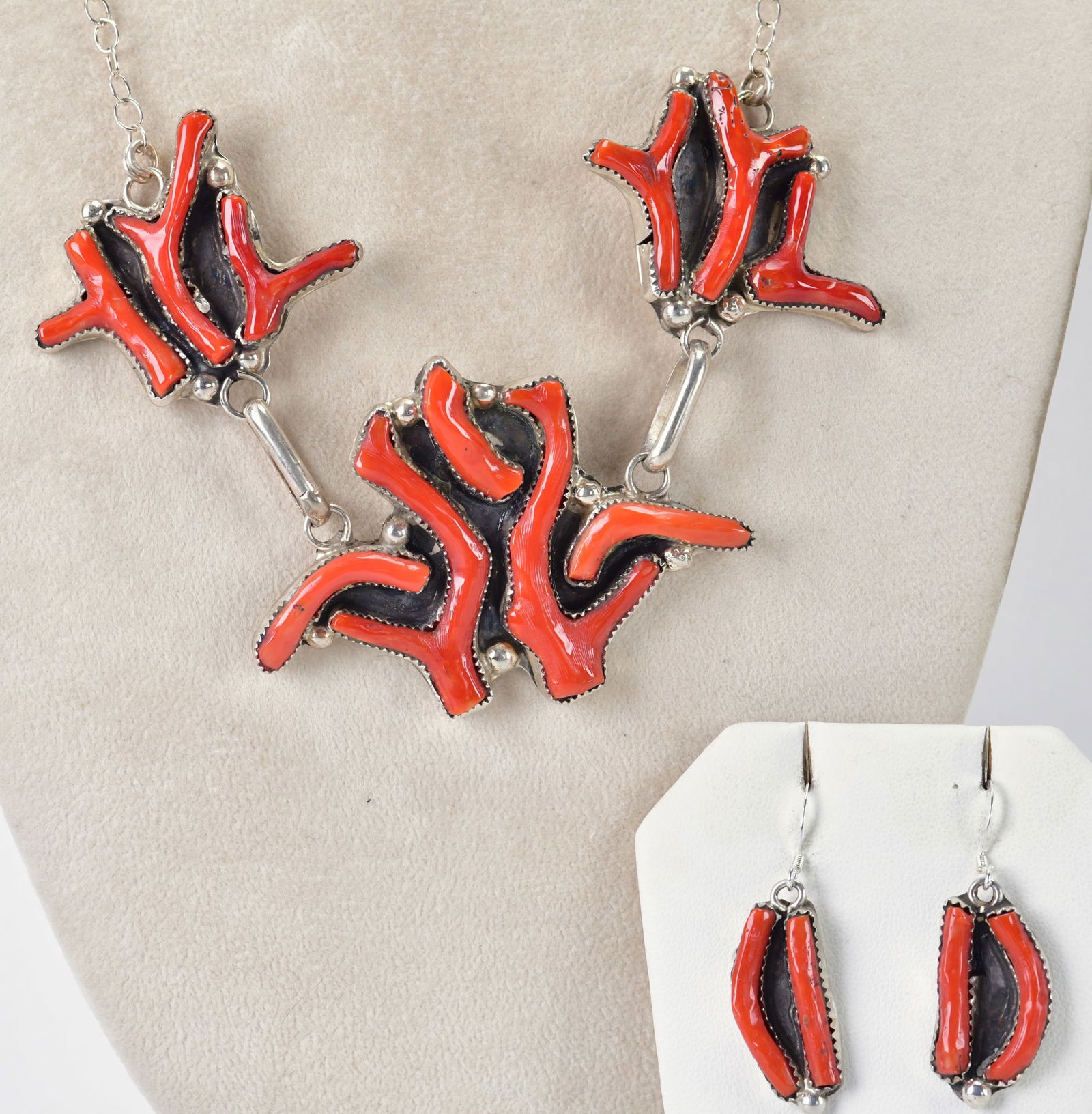 Zuni, Griffin Evangeleline Tsabetsaye Sterling Branch Coral Necklace Set (1 of 3)
