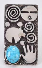 Alex Sanchez Sterling Silver Petroglyph Ring W/Turquoise