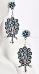 Zuni, Sterling Silver Squash Blossom Style Sleeping Beauty Earrings