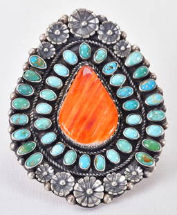 Shawn Cayatineto Sterling Royston Turquoise & Spiny Oyster Statement Ring: Sterling Silver| Shawn Cayatineto Sterling Silver Royston Turquoise and Spiny Oyster Statement Ring| Genuine Royston Turquoise, Genuine Spiny Oyster| Measures 2.75" Long x 2.25" Wide| Ornate Sterling