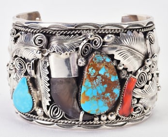 Massive Sterling Bear Claw Bracelet w/Turquoise & Coral by Mike Thomas, Jr.