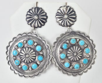 Eugene Charley Sterling Silver Concho Drop Earrings w/Kingman Turquoise