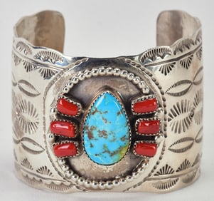 Navajo Sterling Silver Kingman Turquoise and Coral Cuff Bracelet