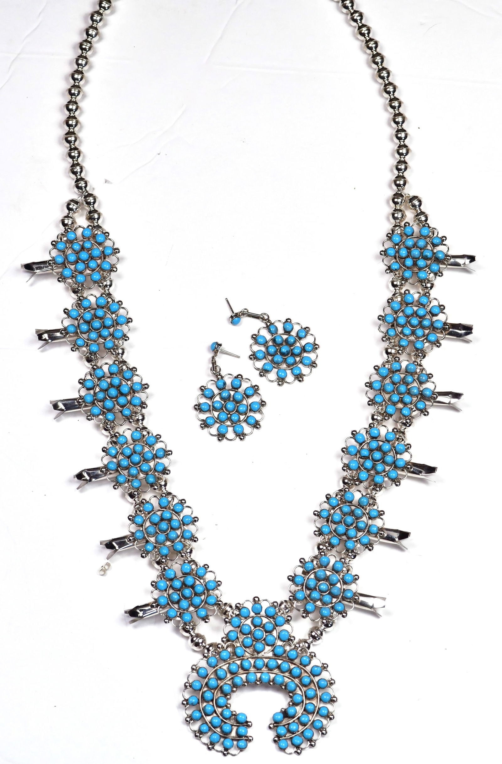 Zuni, Margie Kaamasee Sterling Sleeping Beauty Squash Blossom Necklace Set (1 of 5)
