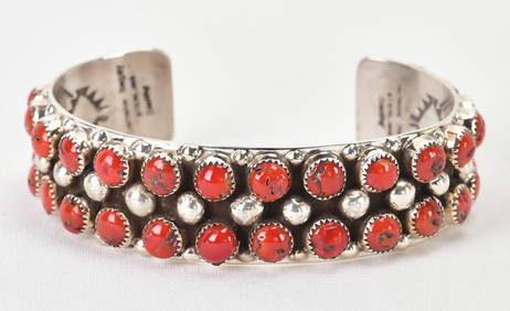 Darlene Begay Sterling Silver Mediterranean Coral 2 Row Cuff Bracelet (1 of 8)