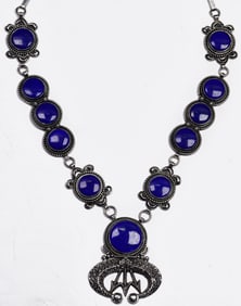 Hemerson Brown Sterling Hand Made Lapis Squash Blossom Style Necklace