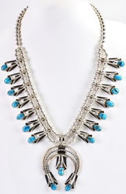 Louise Yazzie Sterling Kingman Turquoise Squash Blossom Necklace Set