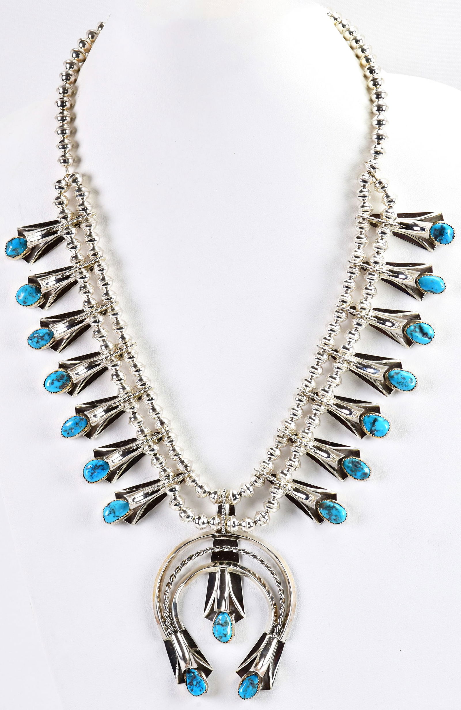 Louise Yazzie Sterling Kingman Turquoise Squash Blossom Necklace Set