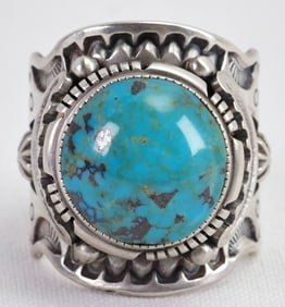 Native American Sterling Ornate Cypress Sierrita Turquoise Dome Ring