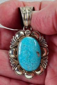 Mary Ann Spencer Sterling Silver Repousse Kingman Turquoise Pendnat