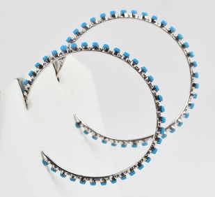 Zuni, Sterling Silver Large Sleeping Beauty Turquoise Hoop Earrings