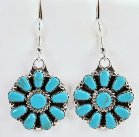 Navajo Sterling Silver Kingman Turquoise Flower Cluster Drop Earrings