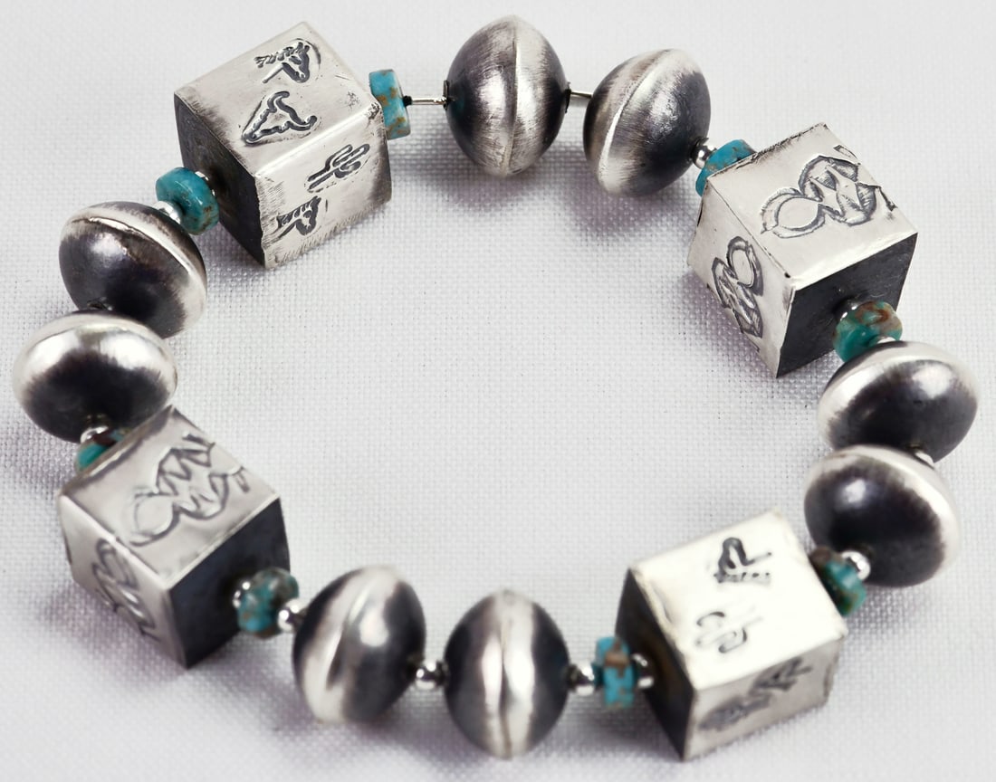 Navajo Cube & Bead Sterling Silver Stretch Bracelet by (1 of 4)
