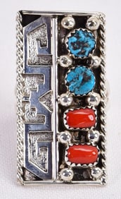 Native American Sterling Coral and Turquoise Nugget Ring